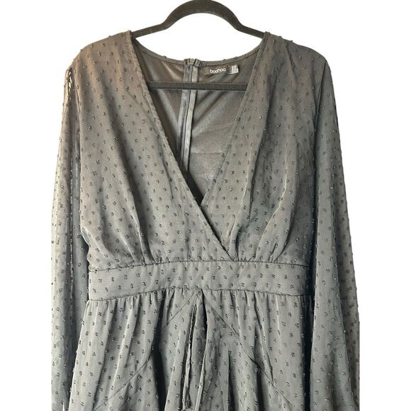 Boohoo Dress Size 16 Black Ruffle Hem Dobby Chiffon Swiss Dots Long Sleeve Mini - Picture 2 of 12